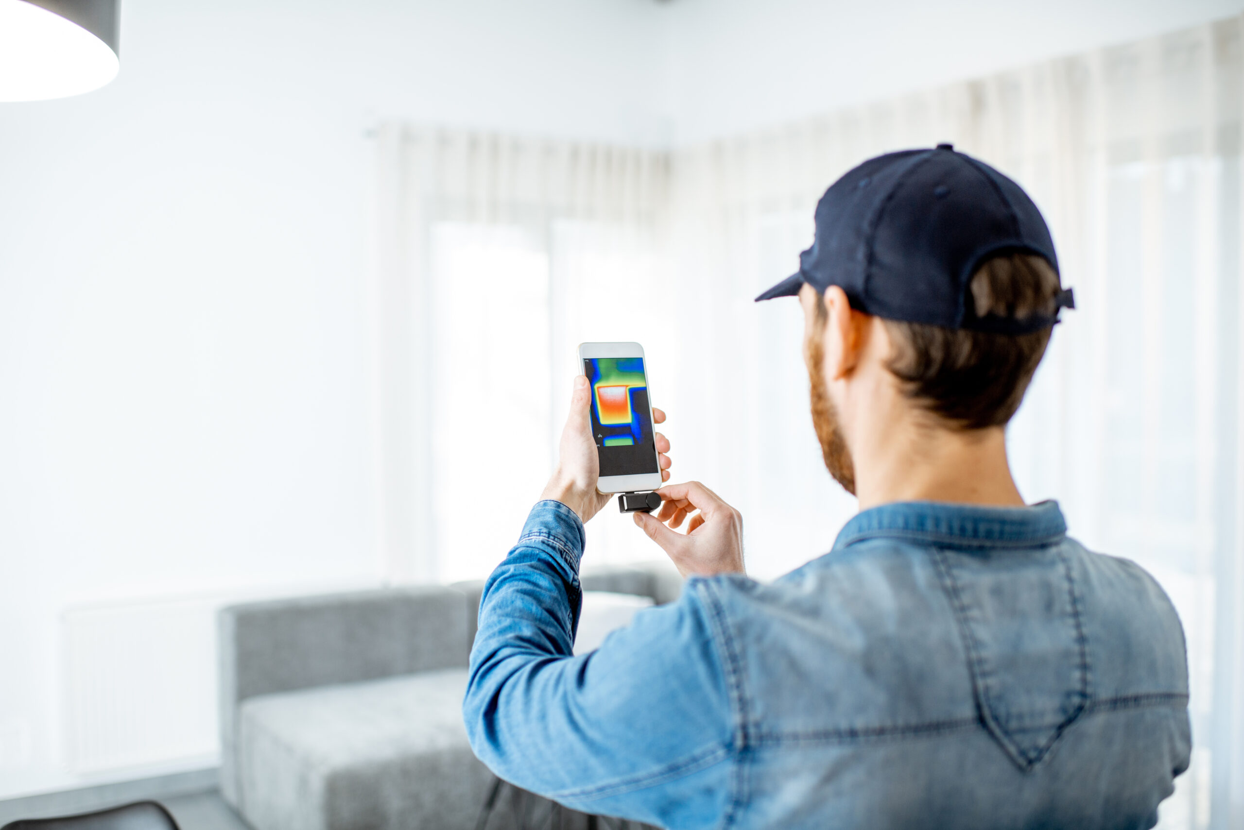 Man checking the house heat loss and the temperature of radiator with thermovision camera and smart phone in the house